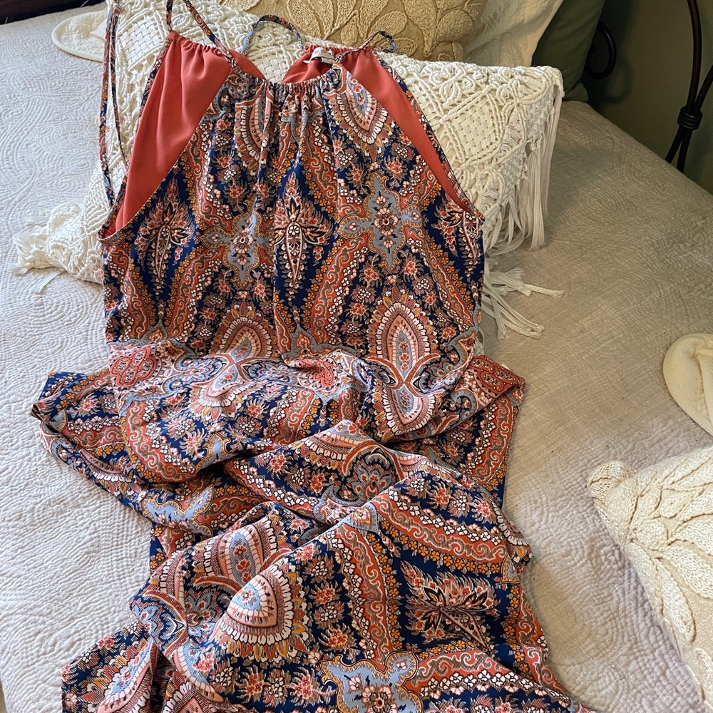 Blue and orange halter maxi dress